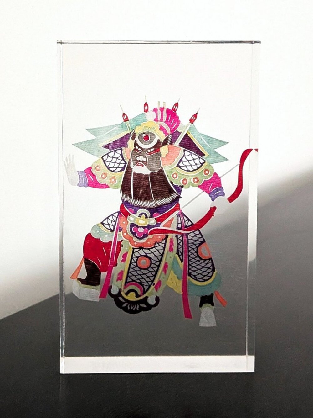 Vintage 1970s Lucite Art Block, Chinese Jian Zhi Peking Opera Warrior